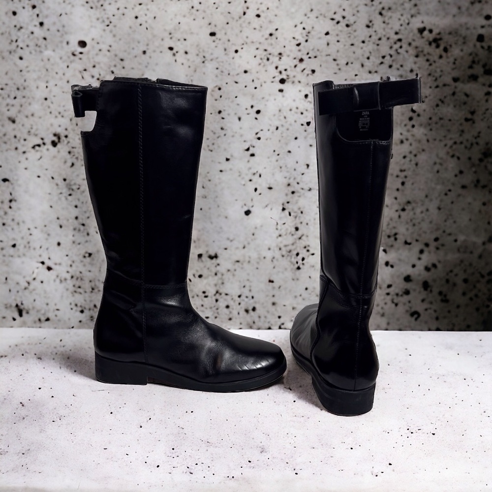 Zara Black Leather Tall Knee HighBoots Size‎ 7.5 EU 38